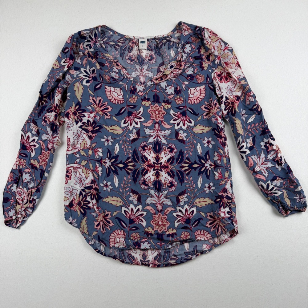 Old Navy Womens XS Blue Pink Floral Medallion V-Neck Long Sleeve Rayon Blouse